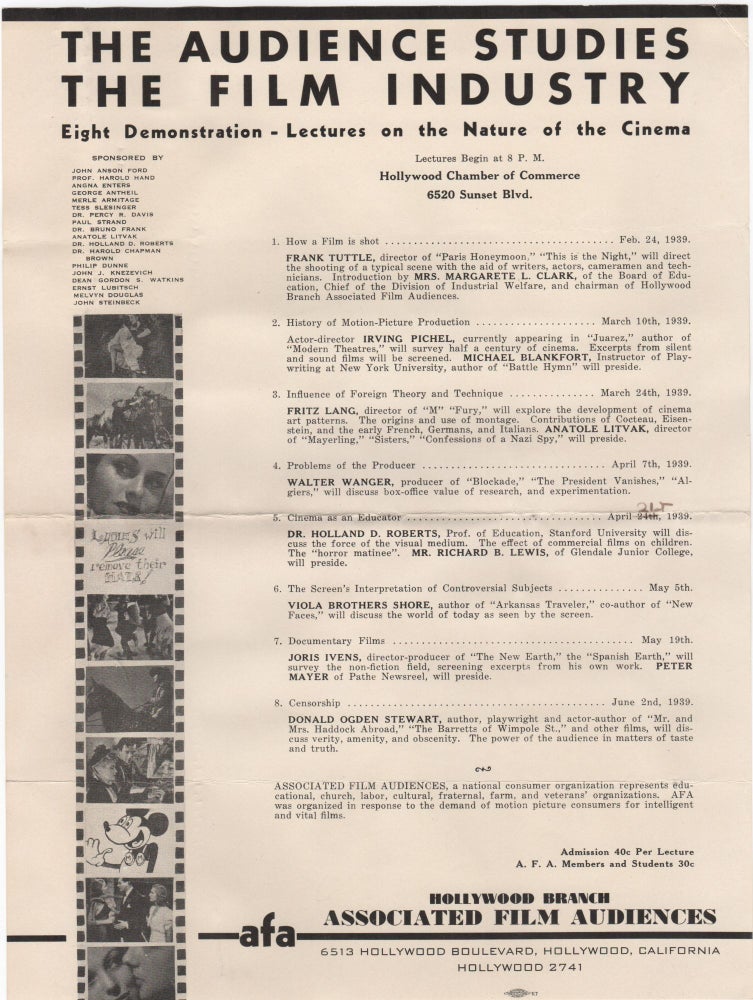 Item #204410 The Audience Studies the Film Industry; Eight Demonstration-Lectures on the Nature of the Cinema. Education.