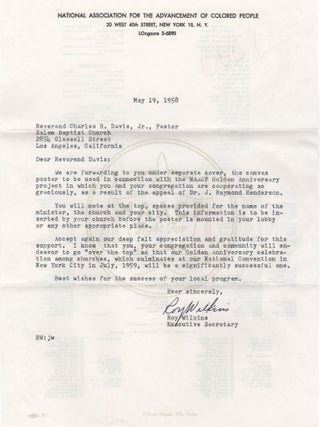 Item #204442 Typed Letter Signed; to Rev. Charles H. Davis Jr. Roy Wilkins