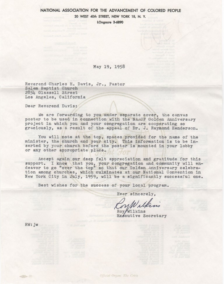 Item #204442 Typed Letter Signed; to Rev. Charles H. Davis Jr. Roy Wilkins.
