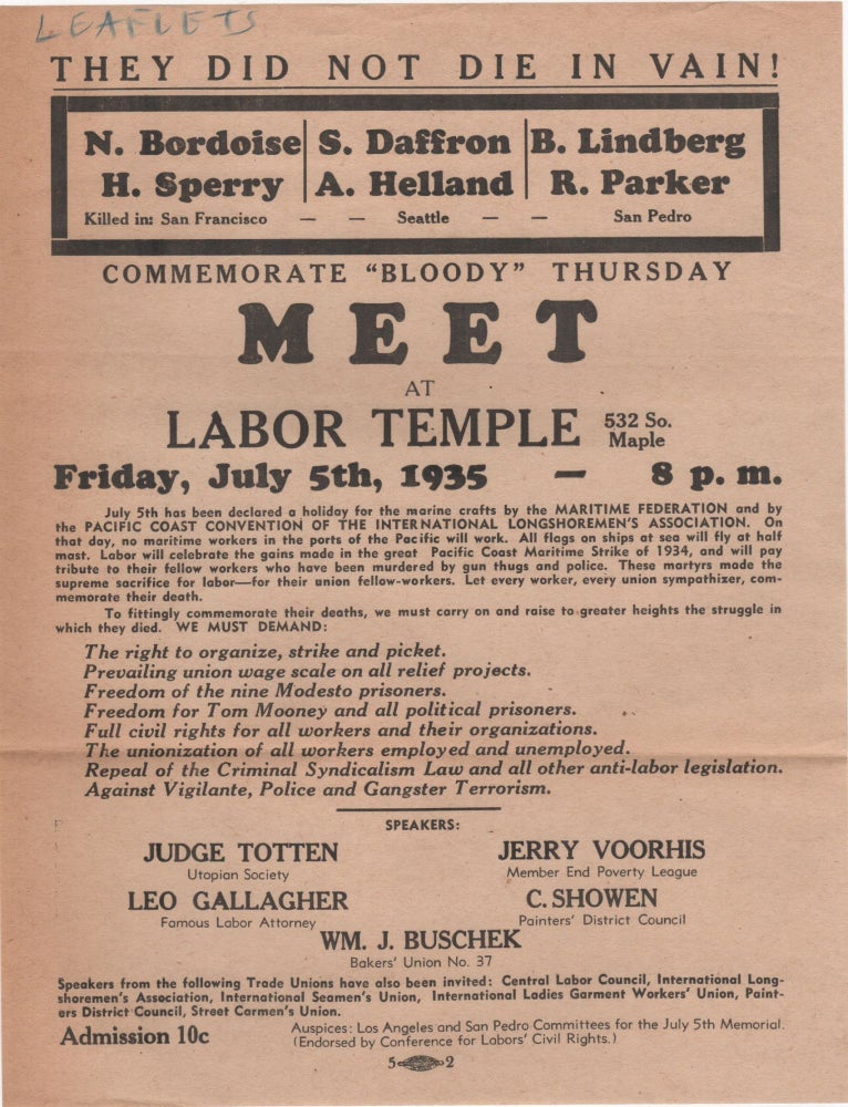 Item #204619 They Did Not Die In Vain!; Commemorate "Bloody" Thursday - Meet at Labor Temple. . Labor Movement.