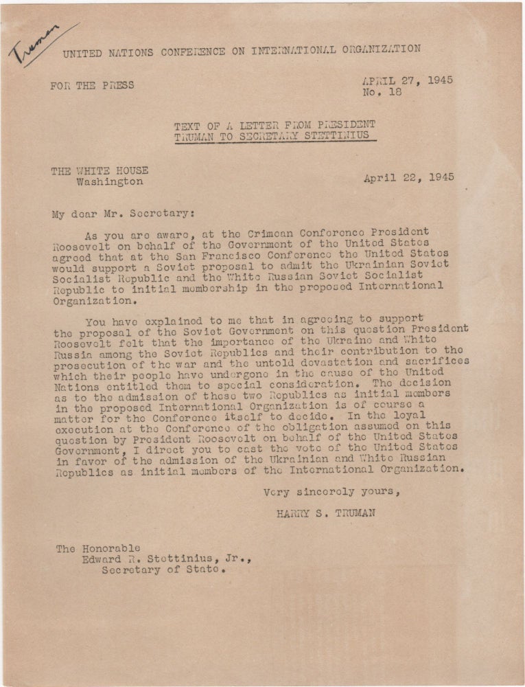 Item #204621 Mimeographed Press Release,; April 27, 1945, No. 18. Harry S. Truman.