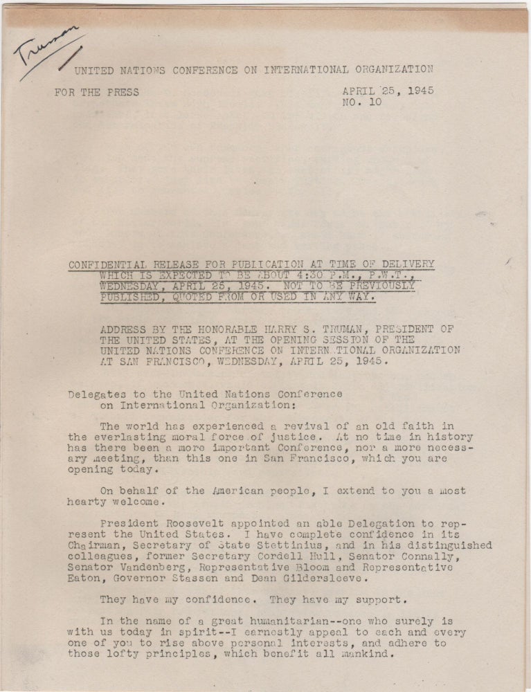Item #204622 Mimeographed Press Release; April 25, 1945. No. 10. Harry S. Truman.