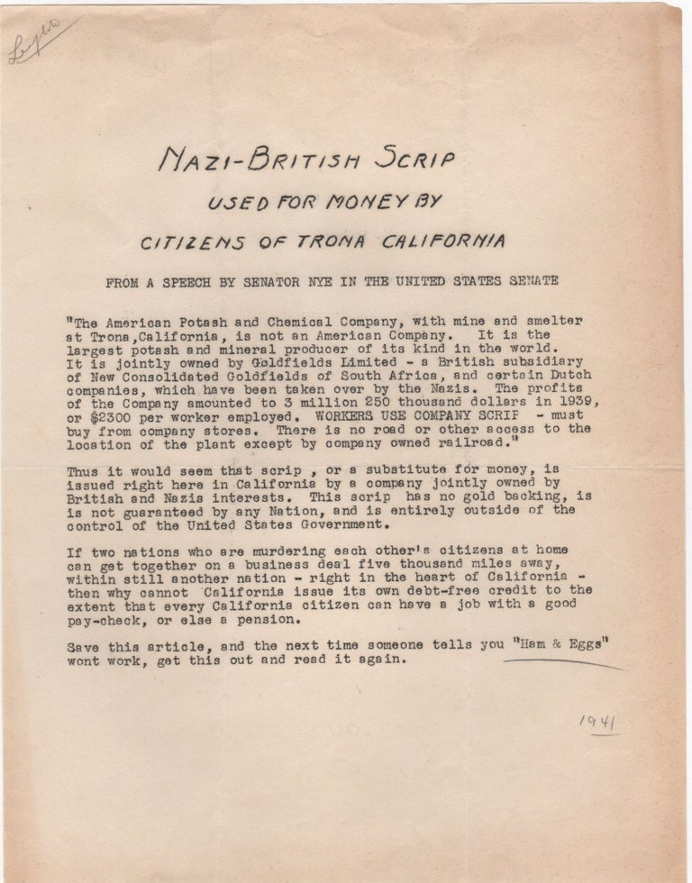 Item #204623 Nazi-British Scrip Used for Money by Citizens of Trona California; Froma Speech by Senator Nye in the United States Senate. "Ham, Eggs"