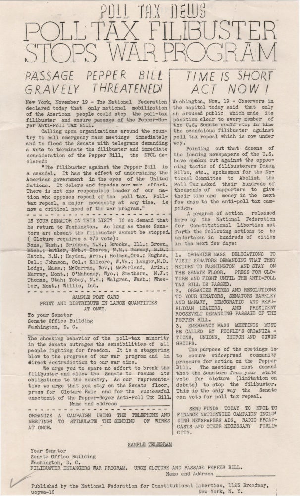 Civil Rights Bill Filibuster Poll Tax News; Poll Tax Filibuster Stops War Program. . | Civil Rights