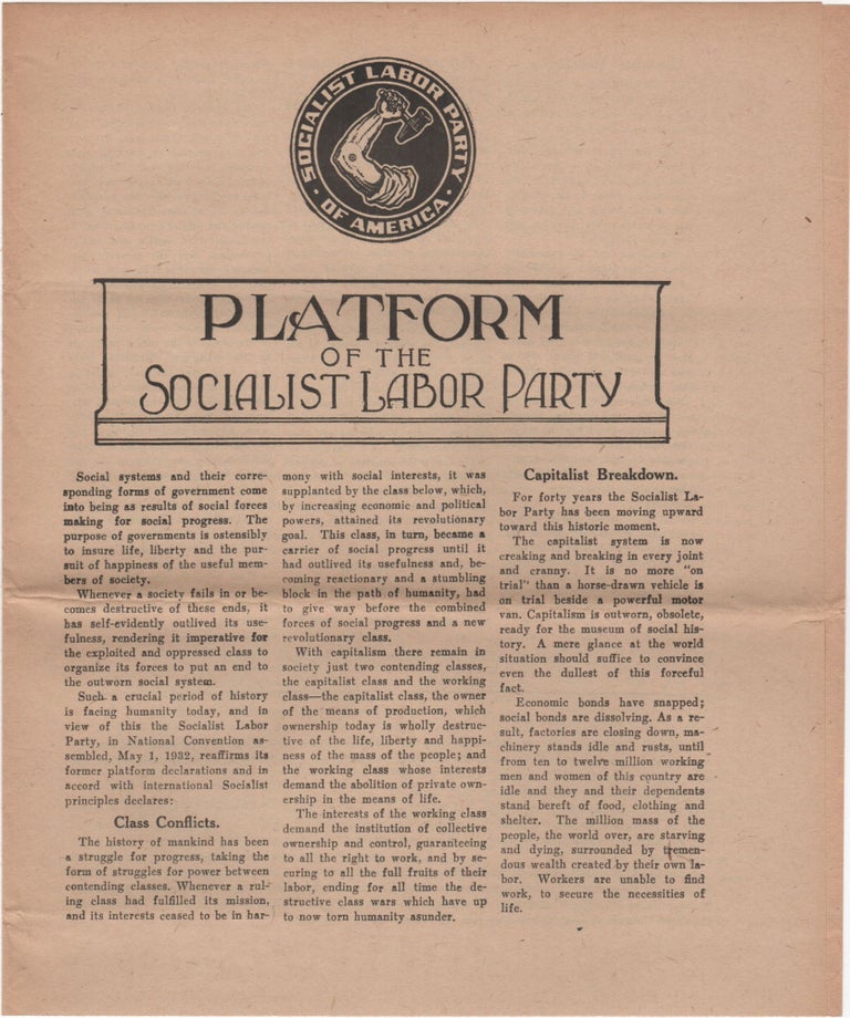 Item #204716 Platform of the Socialist Labor Party. Socialism.