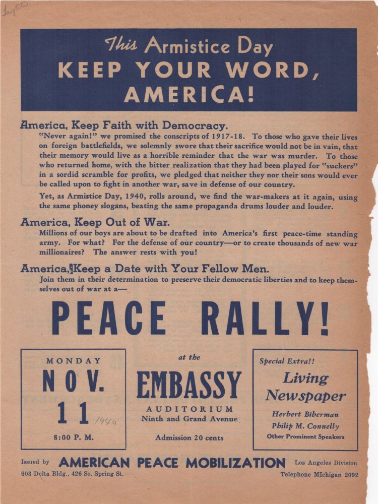 Item #204751 This Armistice Day Keep Your Word, America!; . . . Peace Rally! APM.