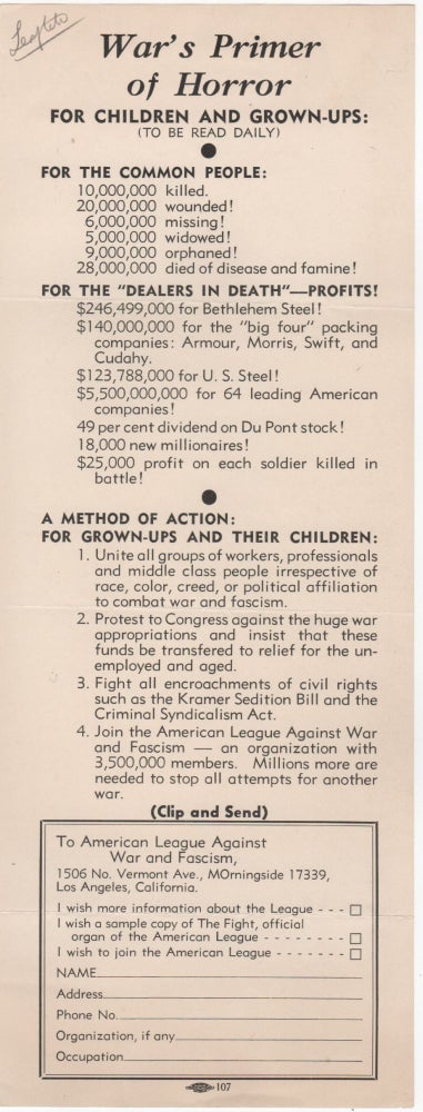 Item #204754 War's Primer of Horror; For Children and Grown-Ups: (To Be read Daily). Anti-War.