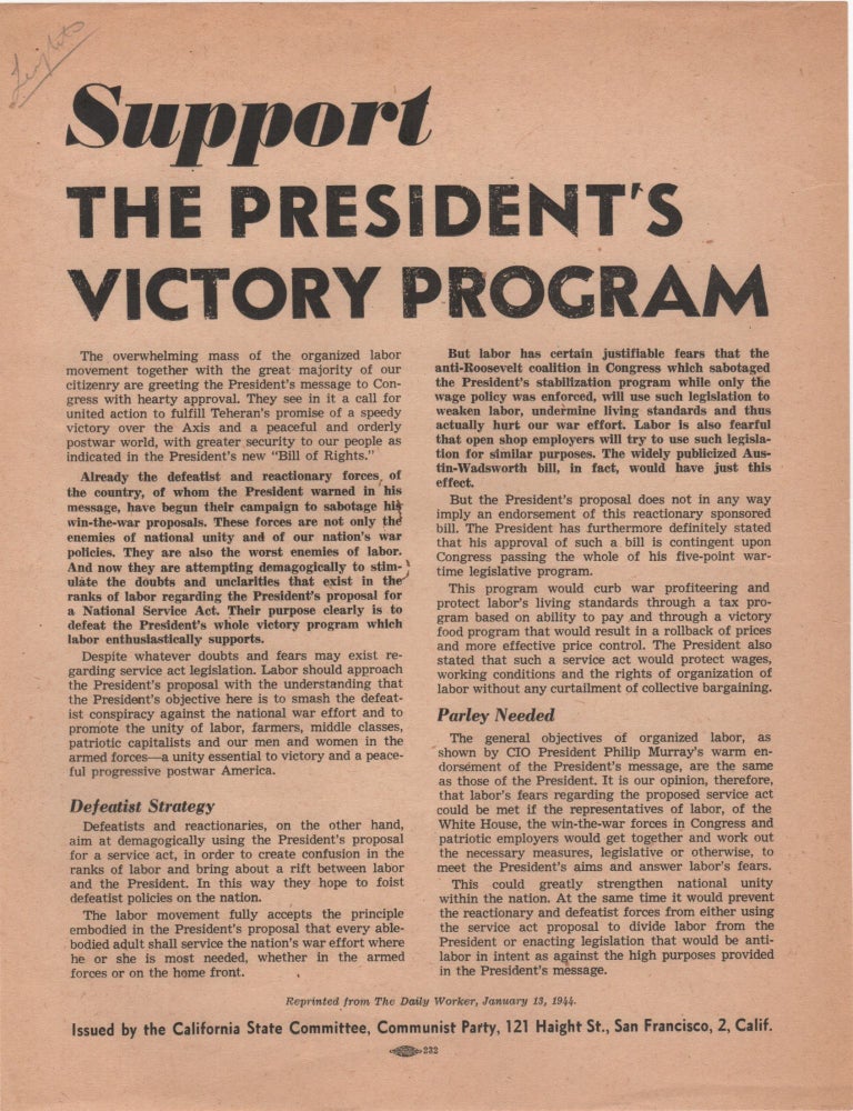 Item #204780 Support the President's Victory Program; . . CPUSA.