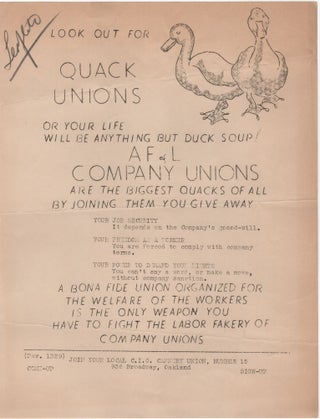 Item #204837 Look Out for Quack Unions; Or Your Life Will Be Anything But Duck Soup! AF of L...