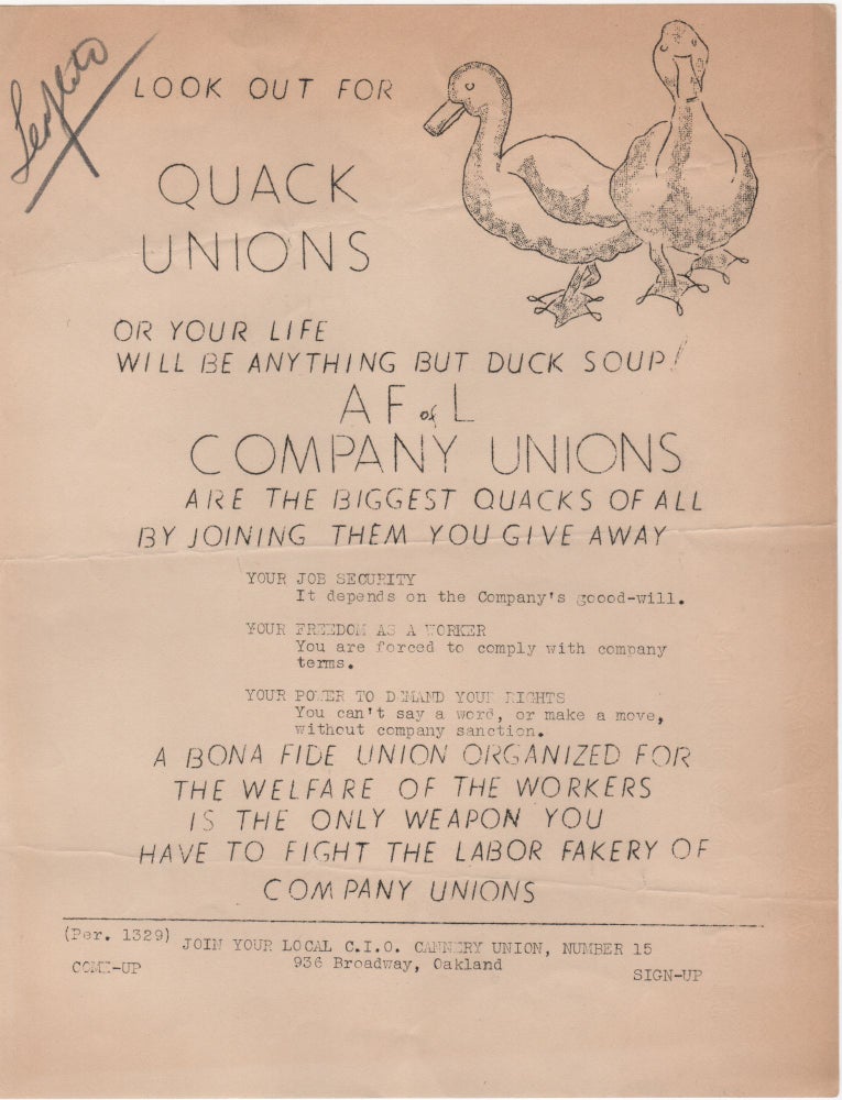 Item #204837 Look Out for Quack Unions; Or Your Life Will Be Anything But Duck Soup! AF of L Company Unions are the Biggest Quacks of All. . Labor Movement.