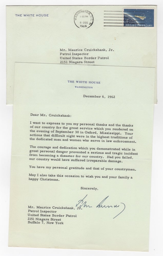 Item #205426 Typed letter signed, as president,; "John Kennedy", December 6, 1962, on White House letterhead, with original mailing envelope and other related documents. John F. Kennedy.
