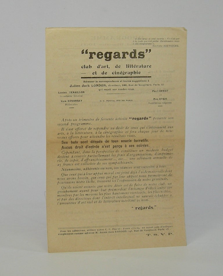 Item #206137 "Regards"; Club d'Art, e Littérature et de Cinégraphie. Cinema Clubs.