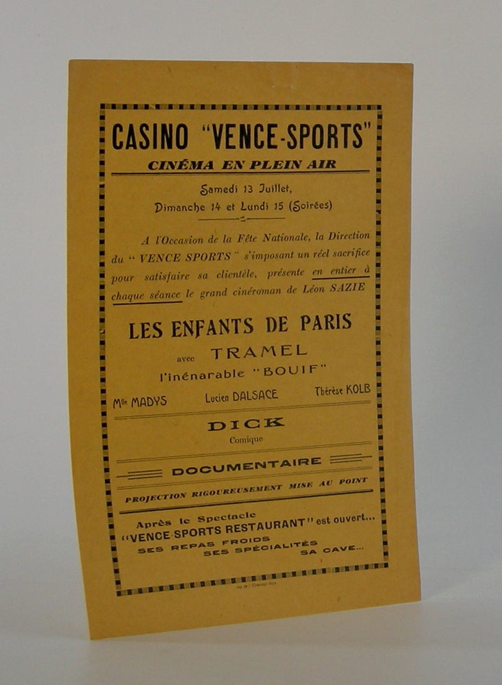 Item #206185 Casino "Vence-Sports"; Cinéma en plein air. Silent Film.