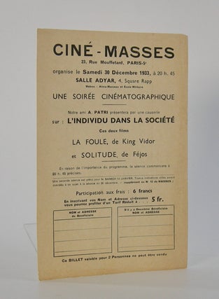 Item #206190 Ciné-Masses; . . .un Soirée Cinématographique . . . sur l'Individu dans la...
