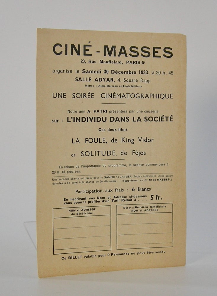 Item #206190 Ciné-Masses; . . .un Soirée Cinématographique . . . sur l'Individu dans la Société. Cinema Clubs.