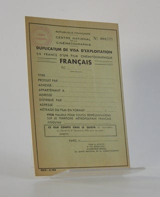 Item #206197 Duplicatum de Visa d'Exploitation; en France d'un Film Cinématographique . ....