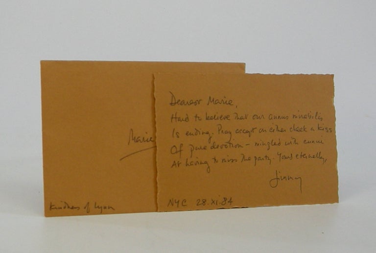 Item #206226 Autograph note; signed "Jimmy" to Marie Bullock. James Merrill.