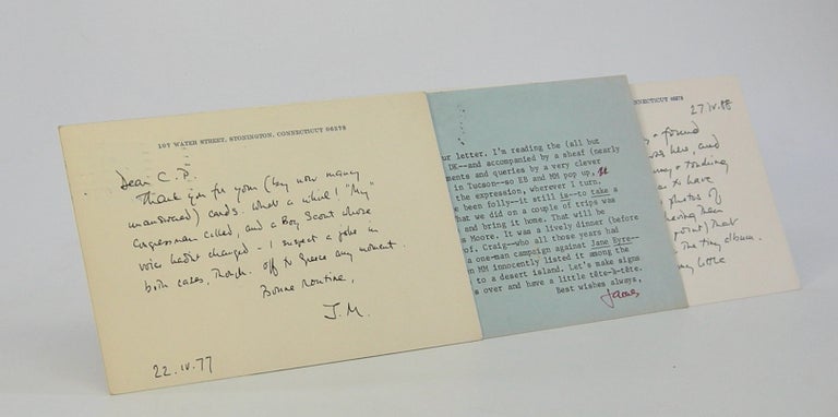 Item #206229 Four personal letters,; being four autograph cards and one typed card, signed "J.M." "J." or "James", approx. 150 words. James Merrill.