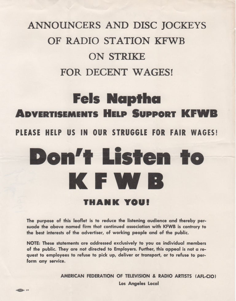 Item #206855 Announcers and Disc Jockeys of Radio Station KFWB on Strike For Decent Wages!; Don't Listen to KFWB. Labor Movement.