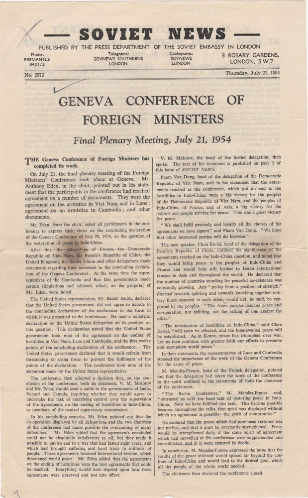 Item #206860 Soviet News; No. 2972 - Geneva Conference of Foreign Ministers. Soviet Union.