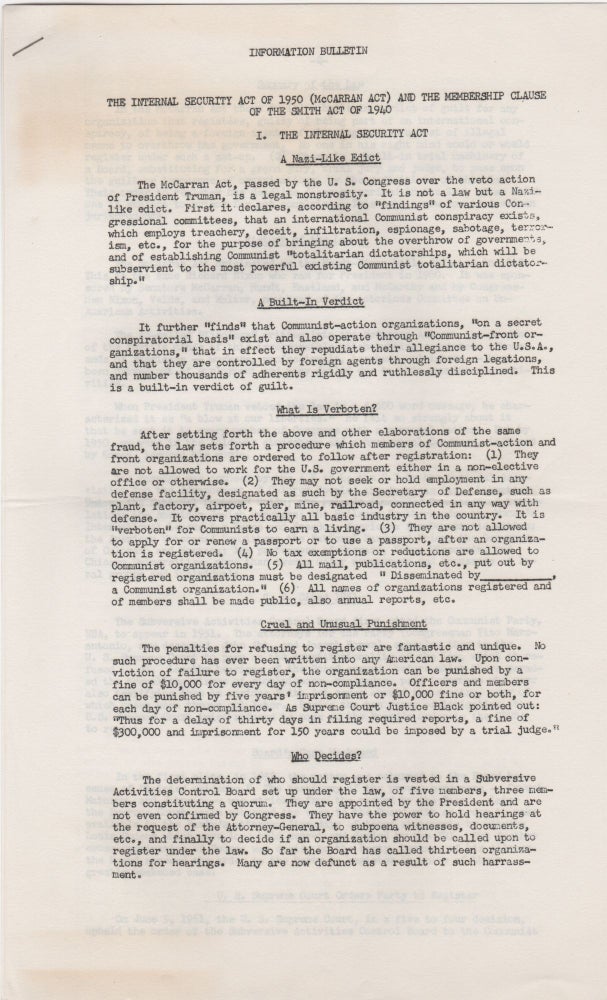 Item #206862 Information Bulletin; The Internal Security Act of 1950 (McCarran Act) and the Membership Clause of the Smith Act of 1940. CPUSA.