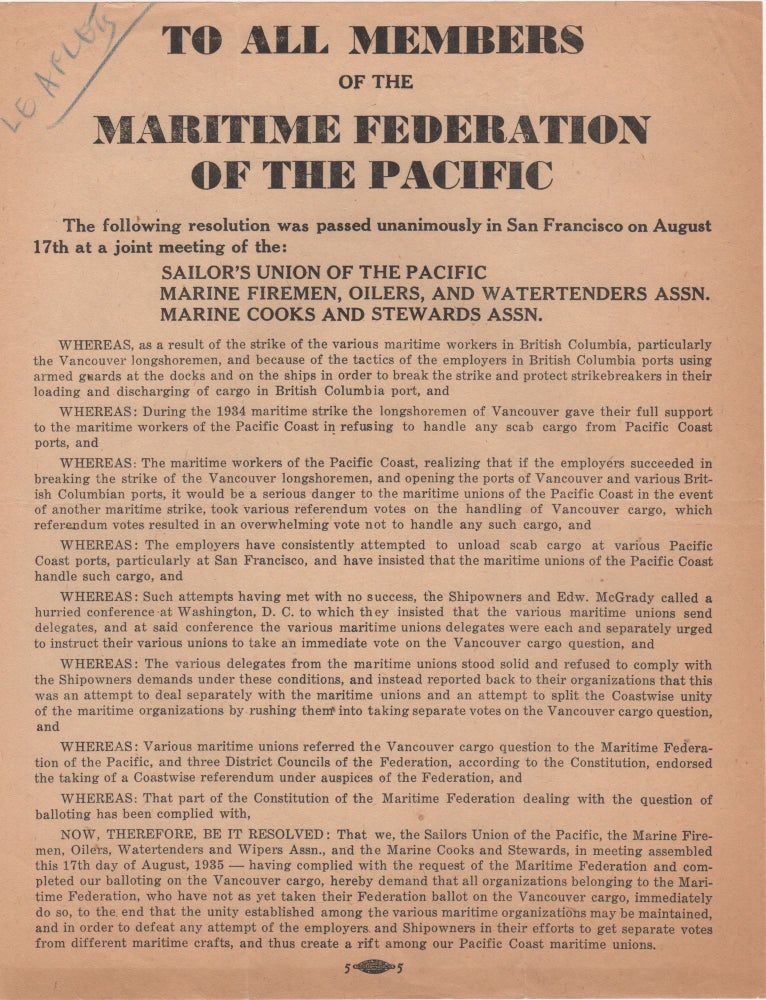 Item #206870 To All Members of the Maritime Federation of the Pacific; . . Labor Movement.