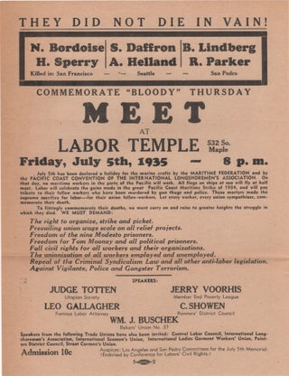Item #206908 Meet at Labor Temple; Commemorate "Bloody" Thursday. Friday, July 5th, 1935. Labor...