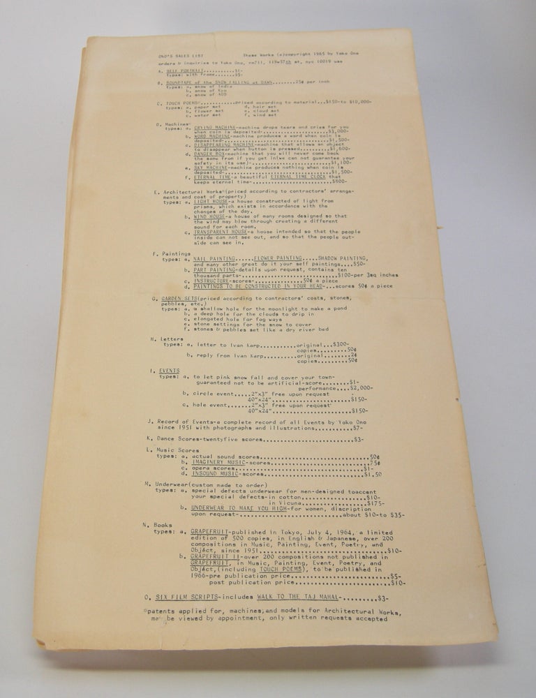 Item #207995 Ono's Sales List. Yoko Ono.
